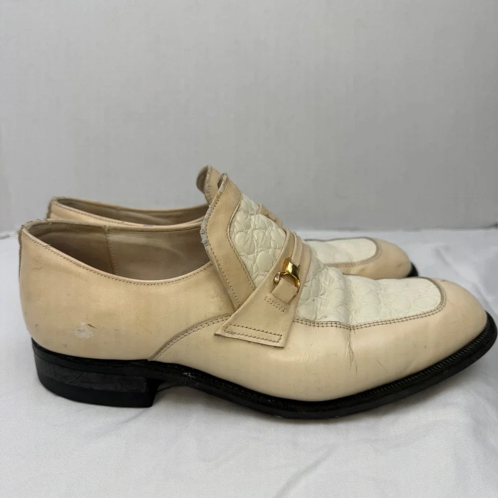 Vintage Mens Two Tone Faux Croc Bit Loafers Cream White 9 D 434 2585 IK8